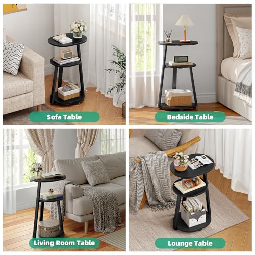 Kalrin Side Table, Small End Table with Metal Frame, 3-Tier Bedside Tables, Round Side Tables for Living Room Bedroom Couch Bathroom, Oval, Pure Black - color: Pure Black