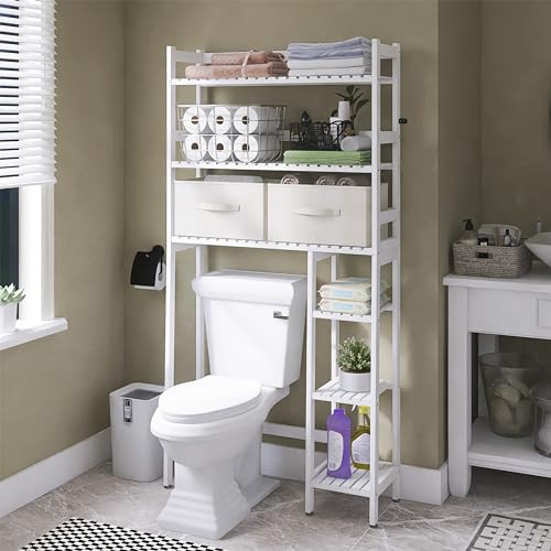 SMIBUY Over The Toilet Storage with Drawers, Large Bathroom Space Saver Organizer Rack, Freestanding Behind Toilet Stand with 6-Tier Shelf and Waterproof Feet Pad for Restroom, Laundry (White) - color: White