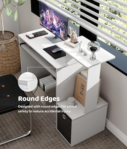 White Computer Desk with Drawers, Small Writing Desk with Storage Shelves for Home Office Bedroom Study Living Room - color: White/Black