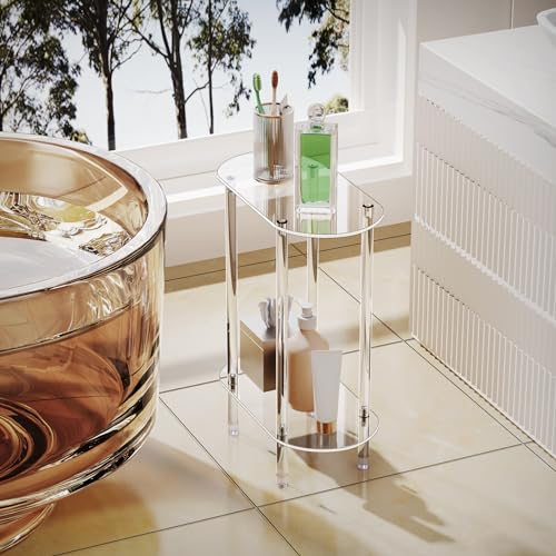 Clear Acrylic Narrow Side Table Set of 2 for Small Spaces, 15.75" L x 7.87" W x 19.82" H, 2 Tier Oval Slim End Table Nightstand, Small Skinny Bedside Table for Bedroom, Bathroom, Living Room - size: 2 Tier Oval 2-Pack