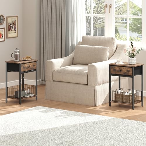 End Tables Bedroom, Night Stand with Drawers, Industrial nightstand, Nightstand with Fabric Bins, Bedside Table End Table for Bedroom, Closet, Entryway, College Dorm, Rustic Brown LNT0061BR - color: Rustic Brown & Black