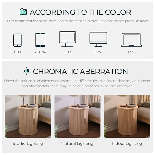 LINSY HOME Round Fluted End Table, Tall Side Table with Sliding Tambour Door and Storage Shelf, Modern Bedside Table, Mid-Century Nightstand for Living Room, Bedroom, Oak - color: Oak