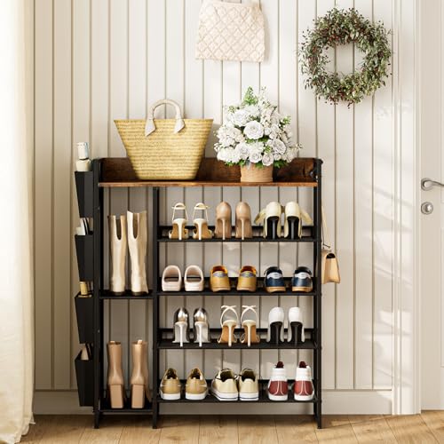 Brown 5-Tier Shoe Organizer - Free Standing Shoe Rack with Storage Bag for High Heels, Entryway, Hallways, Closets, Dormitory Rooms - size: 5 Tier with Side Bag
