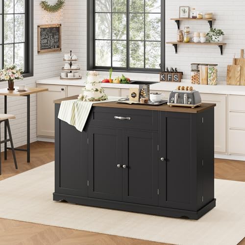 HOSTACK Kitchen Island Cart with Storage, 47'' Kitchen Storage Island on Wheels with 2 Drawers, Rolling Island Table with Adjustable Shelves, Mobile Buffet Sideboard Cabinet for Dining Room, Black - style: Black + Rustic Brown