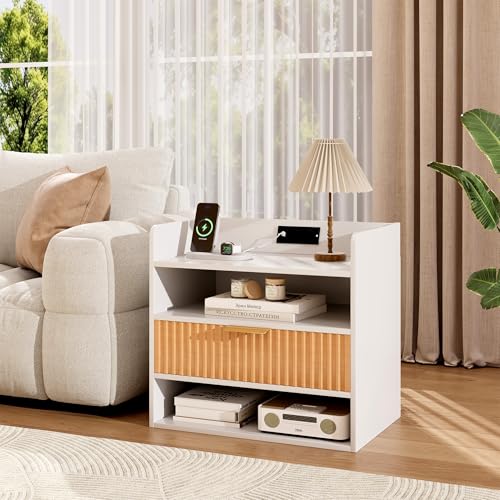 ZIFTY Fluted Nightstand with Charging Station, White Bedside Table with Drawer and Storage Shelves Modern End Table Side Table for Bedroom Living Room, Night Stand Bedroom Furniture Apartment Decor