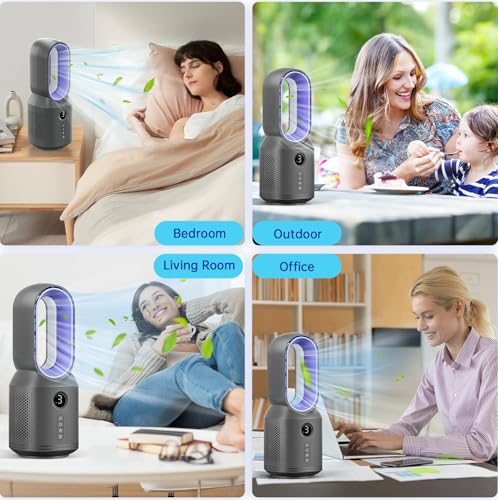 Desk Fan,13 Inch Portable Bladeless Fan, Small Quiet Office Fan with 106° Oscillating, 3 Speeds & Night light, LED Display,Button Control, Personal Battery Operated Table Fan for Bedroom, Office, Home - color: Purple