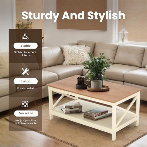 PHI VILLA Farmhouse Coffee Table for Living Room, White Coffee Tables with Storage Rustic Style Modern - color: Ivory 1