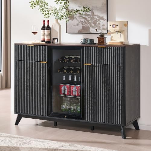 OKD 60" Fluted Coffee Bar Cabinet with Mini Fridge Space, Black and Walnut | Mini Fridge Compatible, Built In Charging Station, 3 Stemware Racks, 2 Drawers, 2 Cabinets, Home Bar Cabinet Storage - color: Black and Walnut