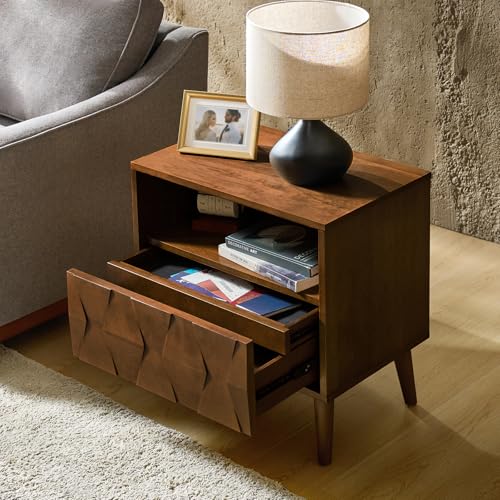 Mid-Century Modern End Table with Charging Station, Open Shelf & Drawer with Velvet-Lined Hidden Compartment, Wood Side Tables with Geometric Panel, Walnut