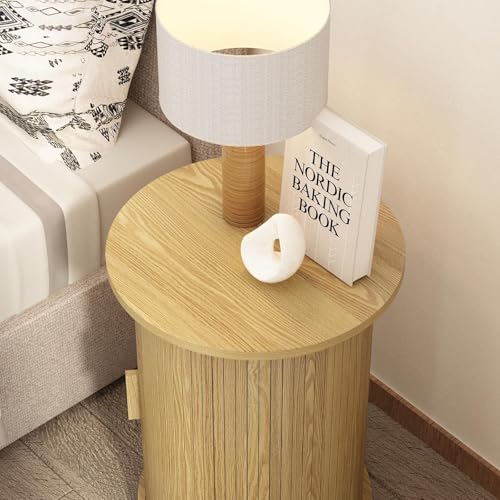 Wnutrees Round Fluted End Table, Small Accent Pedestal Side Table, Natural | Wood Nightstand with Sliding Door & 2 Tier Shelf, Bedside Unit for Living Room, Bedroom - color: Natural