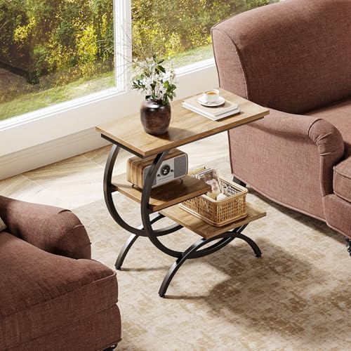 Tribesigns C-Shaped End Table Set of 2, Industrial 3-Tier Small Side Table for Couch, Wood Bedside Table Snack Side Table with Storage Shelves for Living Room Small Space, Light Brown - color: Light Brown