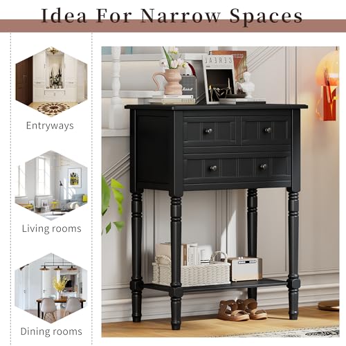 MTHOUSE Solid Wood Narrow Console Table, Entryway Table for Hallway & Living Room, Slim Sofa Table with 3 Drawers & Shelf, Easy Assembly Storage Furniture (Black) - color: Black