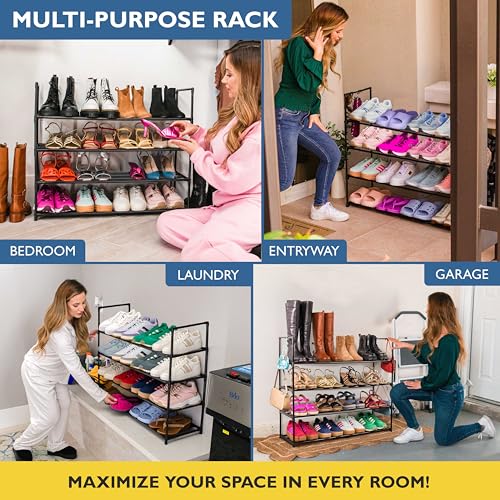 Sundaze Shoe Rack - 4 Tier Metal Shoe Rack for Front Door Entrance, Sturdy Long Shoe Organizer for Closet, Bedroom, Entryway, Garage, Black Metal Shoe Shelf, Holds Up to 20 Pairs