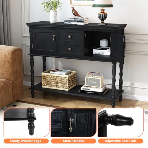ARTPOWER Console Table with 2 Drawers, Retro Entryway Table with 2 Door Cabinets and Open Storage Shelf, Narrow Long Behind Couch Sofa Table for Living Room, Foyer, Hallway, Black - color: Black