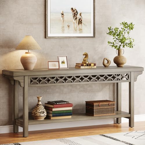Tribesigns 70.8-Inch Solid Wood Long Console Table, Farmhouse Entryway Table with Storage, Narrow Sofa Table Grey Couch Table for Living Room Entryway Hallway (Gray) - color: Grey