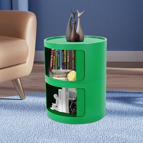 2 Tier Circular Nightstand, Circular Side Table with Storage, Round Cabinet End Table, Sliding Door Design, 88Lbs Load Capacity, Bedroom Living Room Organizer, Modern Green ABS Material, 12.5x15.7 in