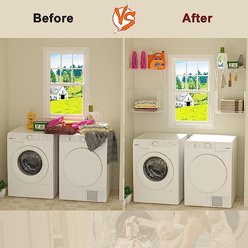 2 Pack Laundry Room Shelves Wall Mounted with Wire Baskets, Over the Washer and Dryer Shelf with Clothes Drying Rack, 8 Hooks,Wire Shelves Baskets for Laundry Closet Organization and Storage, White - color: White