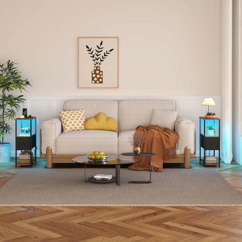 TUTOTAK Small Narrow LED End Table with Charging Station, Side Table Outlets, Nightstand with Cloth Drawer, Set of 2, Couch Table, for Living Room, Bedroom, Bedside, Brown and Black TB01BB059K - color: Brown and Black, style: 1 Drawer with Plug & Light