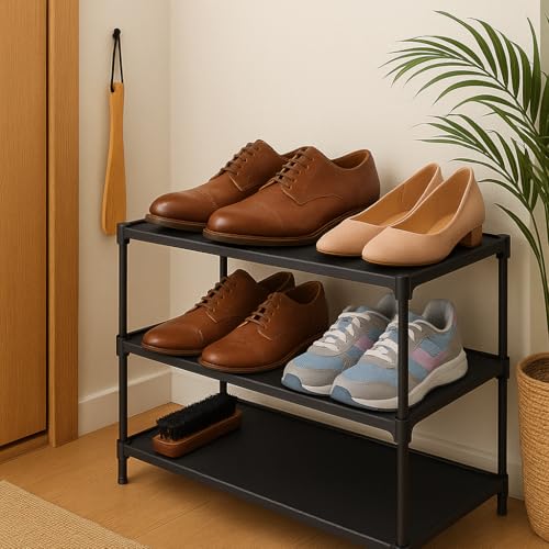 Shoe Rack Organizer with Shoe Brush and Shoe Horn, Black, 3-Tier, Metal Frame Storage Shelf for Entryway