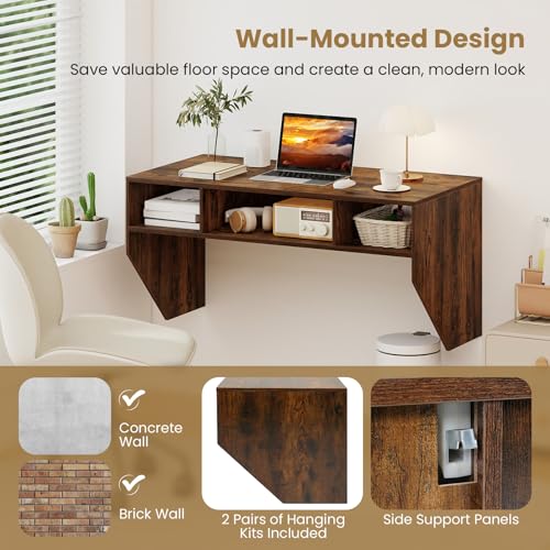 Giantex Wall-Mounted Computer Desk, Floating Laptop Desk with 3 Storage Compartments, Space-Saving Home Office Workstation Vanity Table for Bedroom, Study, Living Room (Rustic Brown) - color: Rustic Brown