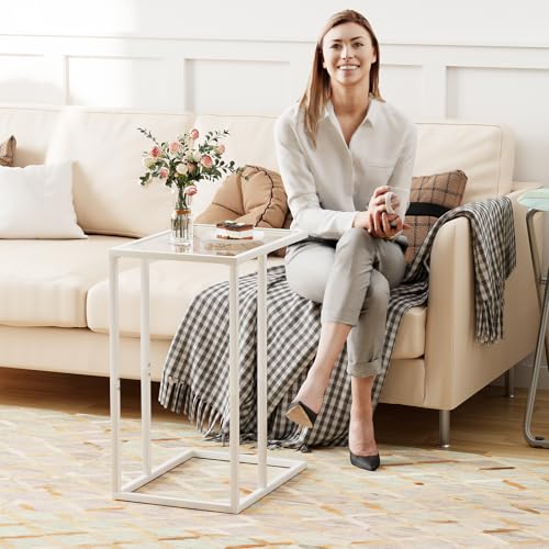 Easy Paws Small C Shaped Table for Sofa,Glass Couch Sofa Tray Snack Table for Living Room, Bedroom,TV Tray Table for Small Space,Accent Coffee Table,Nightstand with Metal Frame(White) - color: White