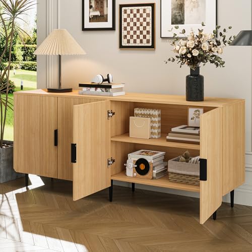 65" Fluted Sideboard Buffet Cabinet with Storage, Console Cabinet with 4 Doors & Adjustable Shelves, Modern Buffet Table for Kitchen Dining Living Room Hallway Entryway, Natural - color: Natural