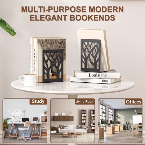 VFINE 6-Piece Modern Metal Bookends for Shelves, Black Tree Book Ends for Books, Decorative Book Organizer for Desk, Non-Skid Shelve Bookends for Home Office - style: Black bookend 3 pairs