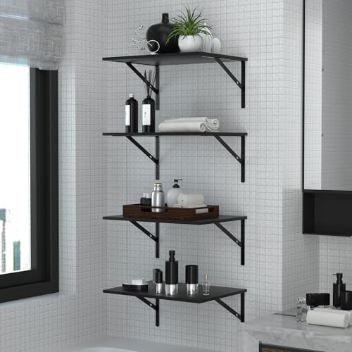 Deep Floating Wall Shelves - 4 Sets of 12 Inch Wide Black Wood Shelves for Bathroom, Bedroom, Kitchen, Living Room - color: Black Shelves
