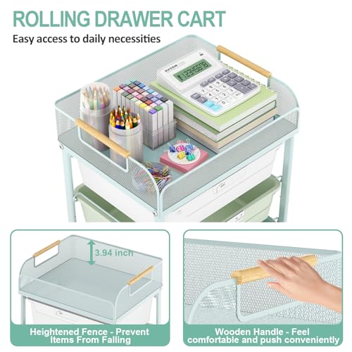 SYKIARIOL 4-Drawer Rolling Storage Cart with Mesh Top, Utility Craft Organizer Cart on Wheels with DIY Labels, Rolling Drawer Cart for Home Office Classroom Bedroom, Green - color: Green