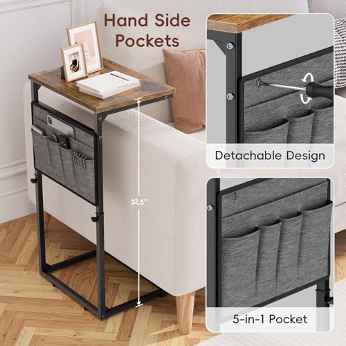 Vagusicc C Shaped End Table, Small Side Table for Couch, Adjustable Height Sofa Table with Metal Frame for Living Room, 33'' Tall Side Table for Couch, Bedroom, Bedside, Rustic Brown and Black - color: Rustic Brown