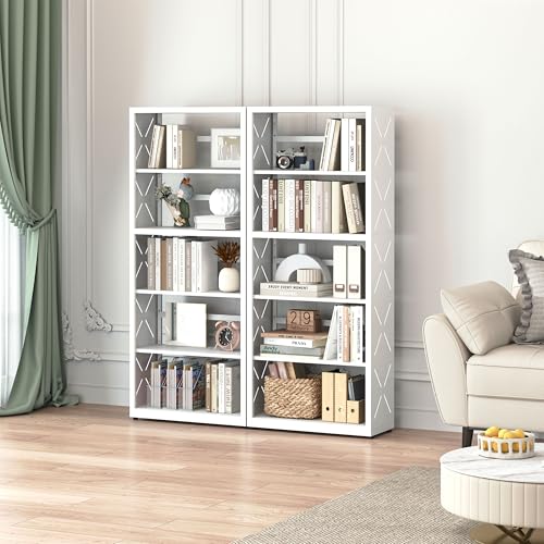 Polup Bookshelf, 5 Tier Metal Bookcase with Adjustable Shelves, Tall White Book Shelf with Bookends, White Display Shelves for Living Room, Home Office, Library - color: White, size: 5 Tier-23" W