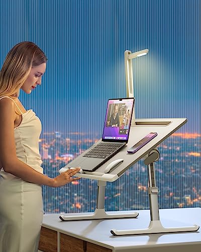 Laptop Bed Tray Desk with LED Desk Lamp, SAIJI Adjustable Laptop Stand for Bed, XX-Large PVC Leather Foldable Table with Book Stand, Wrist Rest, Extra Leg Room for Sofa Couch Floor (Gray) - color: Gray