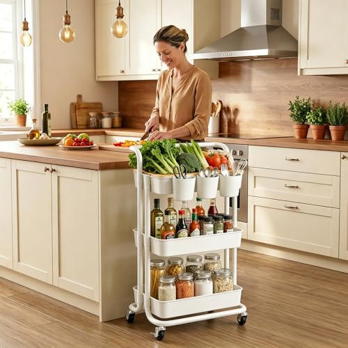 3 Tier Rolling Cart with Table Top, Utility Cart with Lockable Wheels, Hooks & Cup Holders, Multifunctional Rolling Storage Cart for Kitchen, Bathroom, Office, Bedroom, Craft, Living Room (White) - color: White