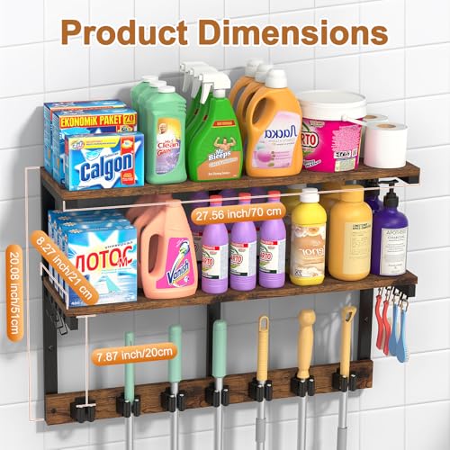 Housolution Wall Mount Broom Holder Laundry Room Storage Organizer Shelves | 2 Tier Large Capacity, Thickened Metal Frame, 100 LBS High Load-Bearing, Multifunctional with 7 Grippers & 8 Hooks - size: 7 Grippers with 2 Tier Shelf