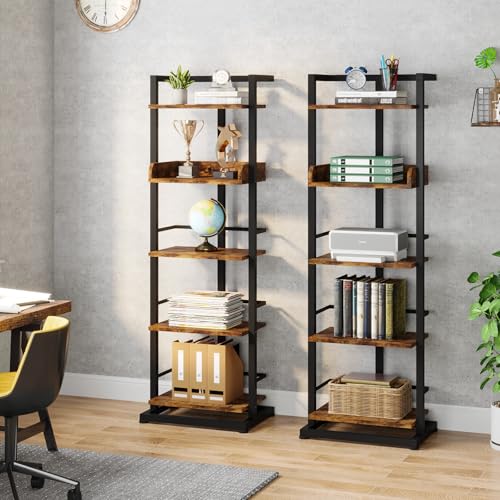 Hosfais Book Shelf Narrow Bookshelf: 5 Tier Wood Bookcase with Metal Edge Protection Industrial Modern Bookshelf Book Storage Organizer for Living Room Bedroom Home Office (Rustic Brown) - color: Brown