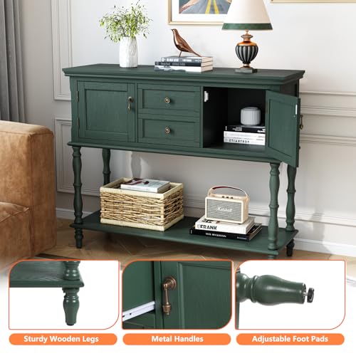 ARTPOWER Console Table with 2 Drawers, Retro Entryway Table with 2 Door | Solid Wood Veneer Entry Table, Behind Couch Sofa Table with Open Storage Shelf for Living Room, Foyer, Hallway - color: Green