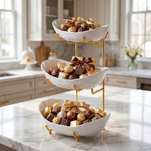 GIRAVO 3 Tier Ceramic Fruit Bowl with Metal Stand, Tiered Countertop Fruit Basket, Serving Tray Stand for Kitchen Counter, Fruit & Vegetable Storage, White Bowls with Gold Rack