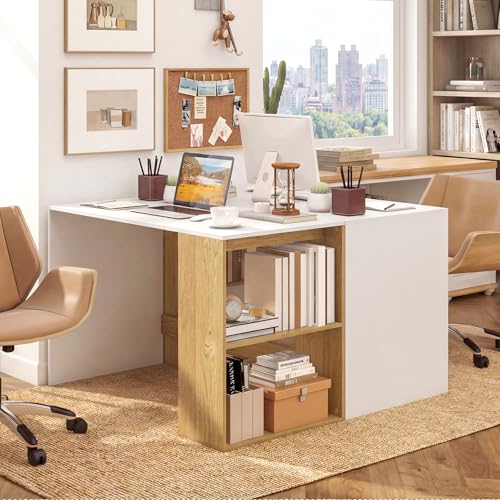 Giantex Small Desk with Bookshelf, 44 Inch Modern Computer Desk for Small Spaces, Laptop PC Desk, Vanity Table for Bedroom, Study Writing Desk for Home Office (White+Natural) - color: White+natural