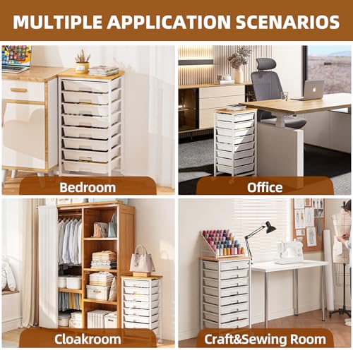 8 Drawer Rolling Storage Cart with Wooden Tabletop & Lockable Wheels | Utility, Movable Craft Storage Organizer, for Living Room Bedroom, Classroom, Office, White