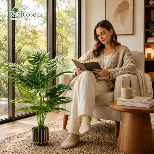 Der Rose 28" Fake Plants, Monstera Plant in Black Gold Pot for Home Decor | Artificial plants indoor add refined tropical greenery to modern offices, elegant entryways, reception areas and house decor