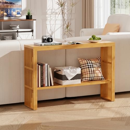 47-Inch Console Table with Storage, 2-Tier Narrow Entryway Table,Natural | 100% Natural Bamboo slim profile, reinforced angled frame versatile wall-side placement - color: Natural, style: 2-TIER