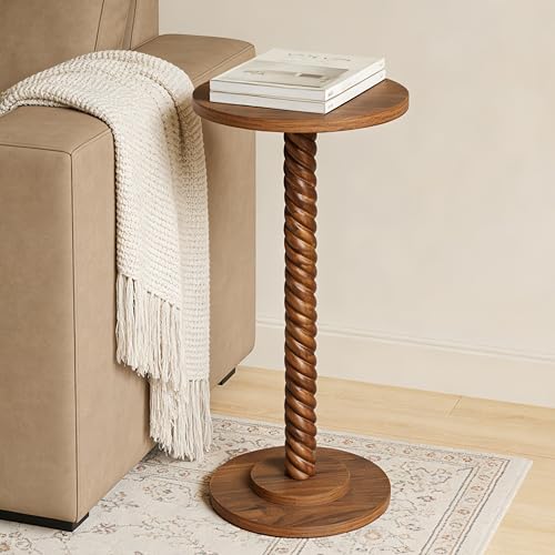 Small Drink Table, Round Pedestal Side Table, Martini Table for Small Spaces, Wooden End Table with Spiral Leg, Plant Stand Accent Table for Living Room, Bedroom, Bathroom, Easy Assembly, Brown - color: Brown