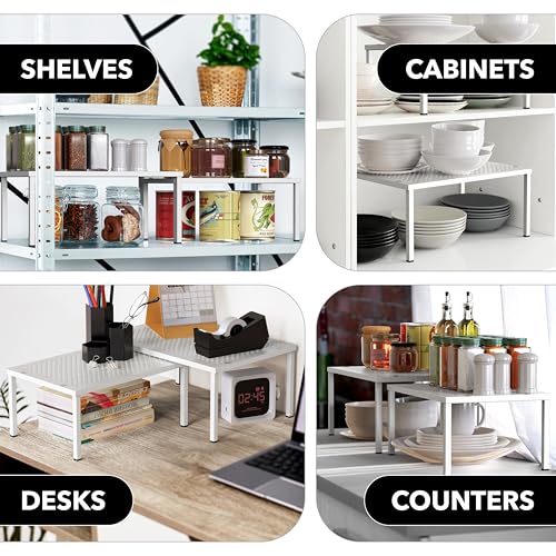 Simple Houseware Expandable Stackable Kitchen Counter Shelf Organizer, White, Metal Top, 11.25"L x 7.9"W x 5.4"H | Expandable & Stackable 9" D x 12.75" W x 5.9" H - color: White