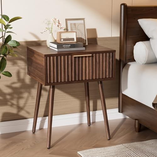 VINGLI Fluted Nightstand with Drawer, 19" W Mid Century Modern Nightstand for Bedroom, Bedside Table, End Tables Bedroom, Wood Night Stand, Walnut, 18.9" W*14.96" D*24" H - color: Walnut, size: 19"W-1 Drawer