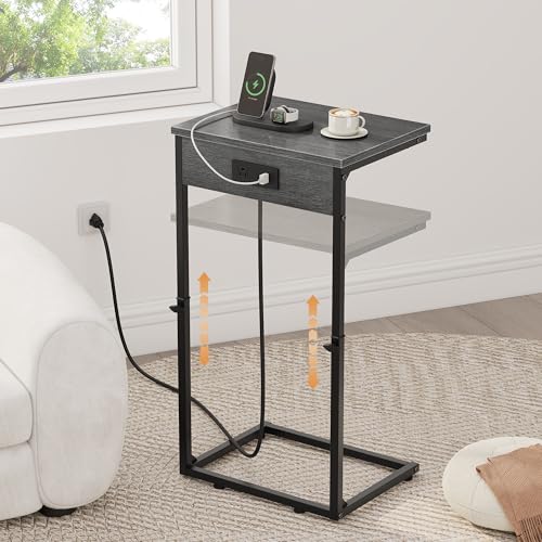 Vagusicc C Shaped End Table with Charging Station, Adjustable Height Side Table for Couch, Small Side Table, 33.2'' Tall Couch Tables that Slide Under, Tv Tray End Table for Living Room, Gray Walnut - color: Gray Walnut (1 Pack), style: With Plug