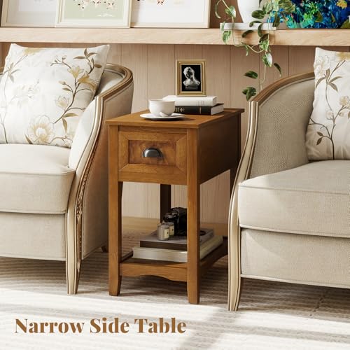 Giantex End Table with Drawer, Retro Narrow Side Table, Nightstand with Solid Wood & Storage Shelf, Bedside Table for Living Room Bedroom Small Space Home Office (2, Tawny) - color: Tawny