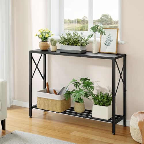 Console Table 41.8", 2 Tier Narrow Entryway Table with Shelves | Black Sofa Table with Stable X-Frame, Behind The Couch, for Entryway, Hallway, Entrance, Living Room, Foyer, Office, Black - color: Black
