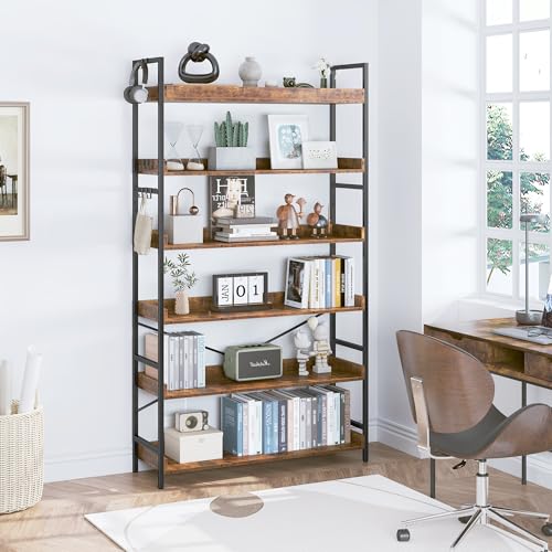 HCHQHS Bookshelf, Adjustable Industrial Bookcase, Vertical Tall Book Shelf, Wood and Black Metal Open Bookshelves for Home Office, Living Room, Bedroom (Rustic Brown, 6-Tier (31" W x 70" H)) - color: Rustic Brown, size: 6-Tier (31"W x 70"H)