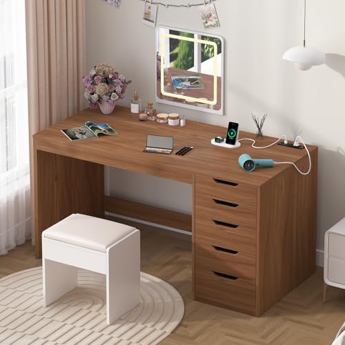 YOMILUVE 47 Inch Computer Desk with 5 Drawers and Power Outlets, Home Office Desks with Storage File Cabinet, Modern Simple Laptop Desk Writing Table for Small Spaces, Brown - color: Brown