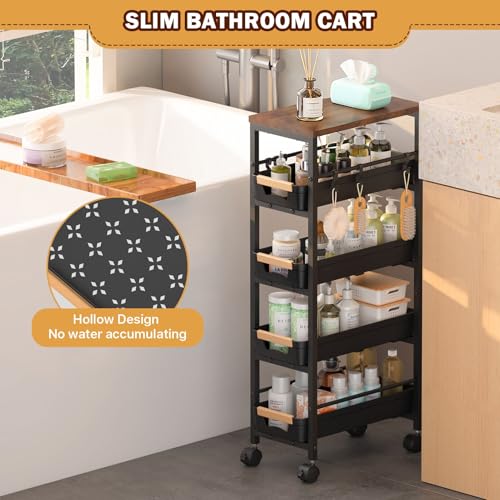 SUNALLY Slim Storage Cart with Pull-Out Baskets, 5-Tier Rolling Kitchen Cart with Wooden Top & Lockable Wheels, Narrow Space Utility Cart Organizer for Kitchen, Bathroom, Laundry Room, Black - color: Black